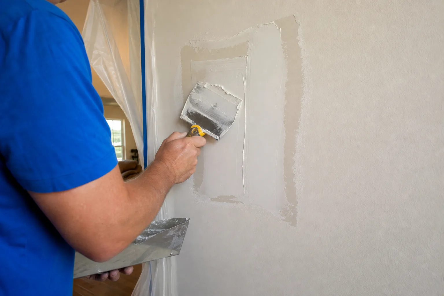 Drywall compound being feathered over a taped wall repair